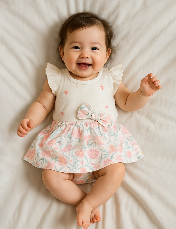 Adorable baby, who appears to be of South Asian descent, lying down wearing a 100% organic cotton floral ruffle tee and skirt set. Soft comfort for your little one. Shop India.