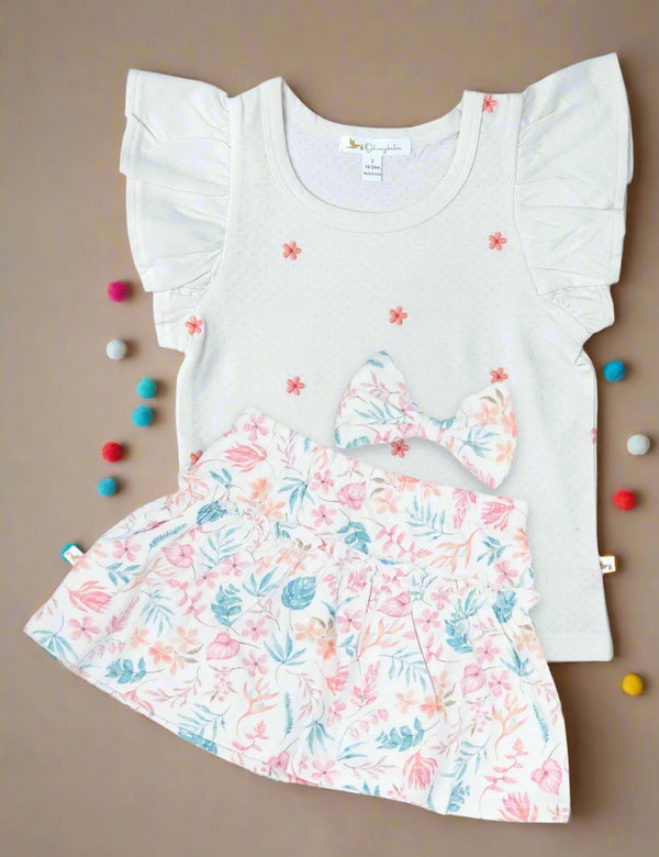 Organic Cotton Ruffle Tee, Skirt & Hair Clip Set – Cloud AOP - ohmybebe