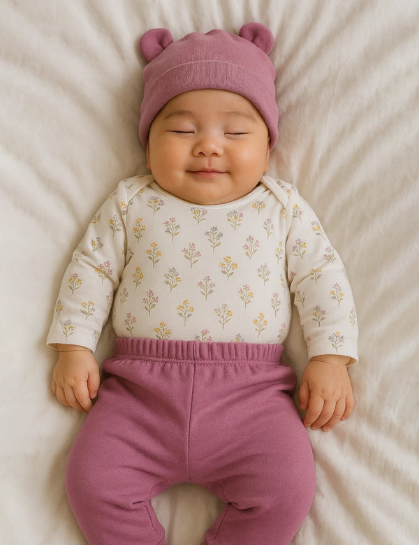 Sweet baby, who appears to be of East Asian descent, lying down wearing a floral organic cotton bodysuit, mauve pants, and a matching bear ear beanie. Shop comfy baby clothes India.