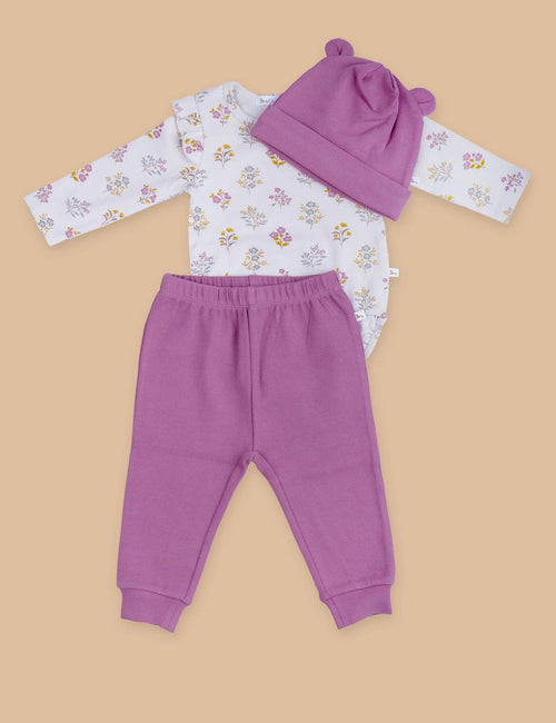 Organic Cotton Blossom Comfort Baby Set – Floral Bodysuit, Ribbed Pants & Beanie