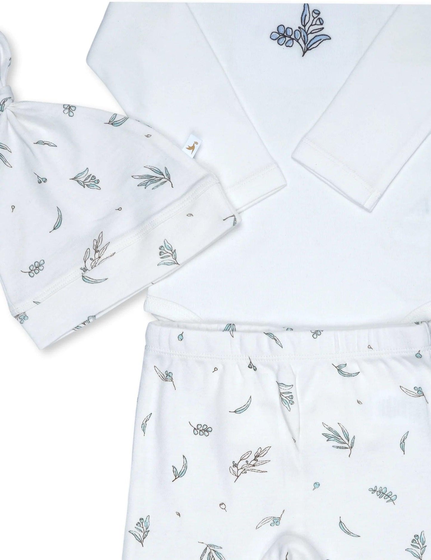 Organic cotton baby clothing set with soft blue and grey botanical print on white fabric