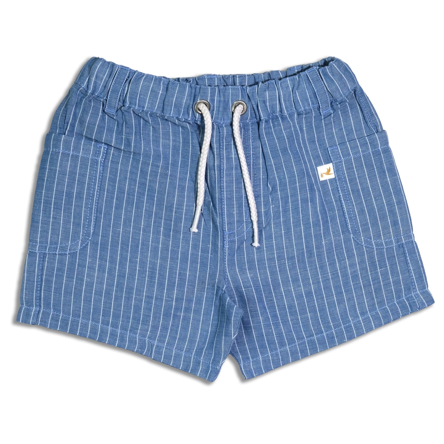 Blue and white striped organic cotton baby shorts with drawstring and front pockets
