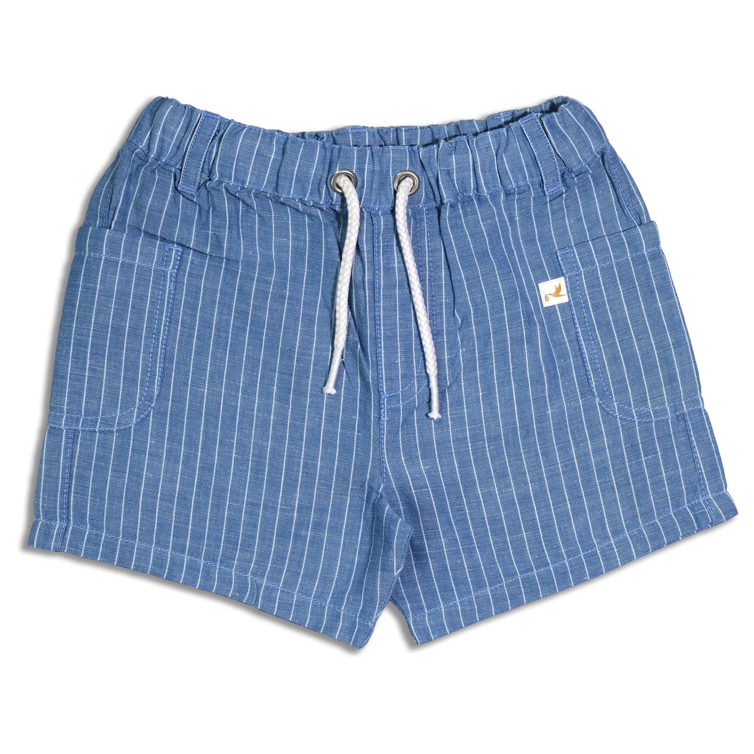Blue and white striped organic cotton baby shorts with drawstring and front pockets