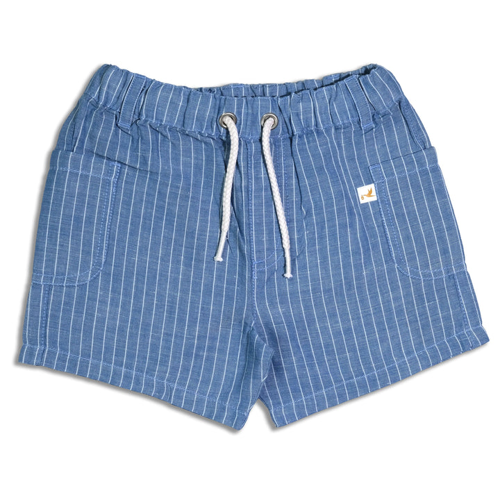 Blue and white striped baby shorts made from 100% organic cotton with an elasticated drawstring waist and pockets. Shop organic baby bottoms India.