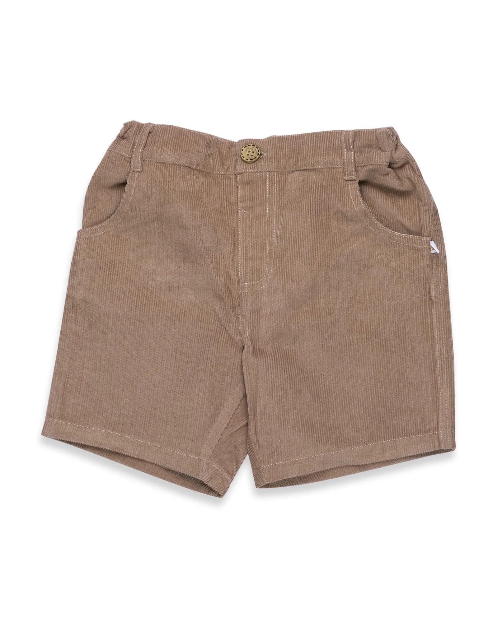 Organic cotton toddler shorts in brown corduroy with button waist detail and side pockets