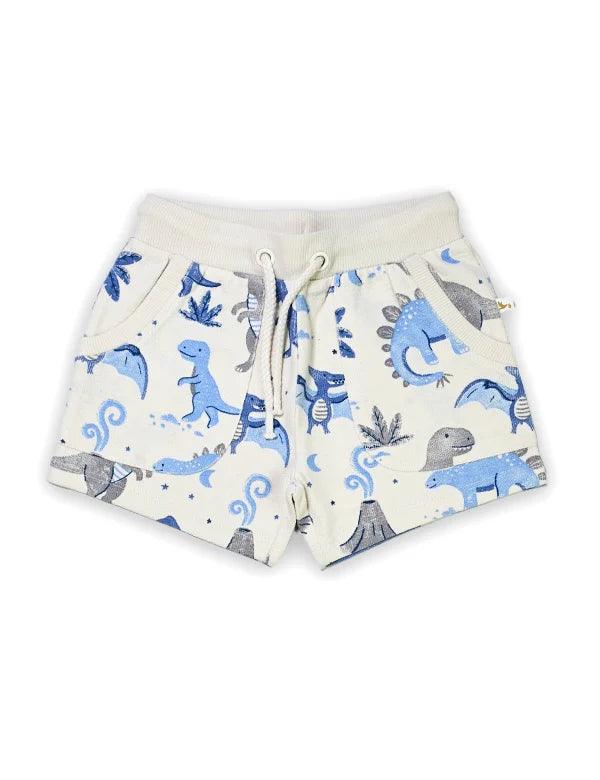 Organic cotton baby shorts with blue and gray dinosaur print and white drawstring waistband