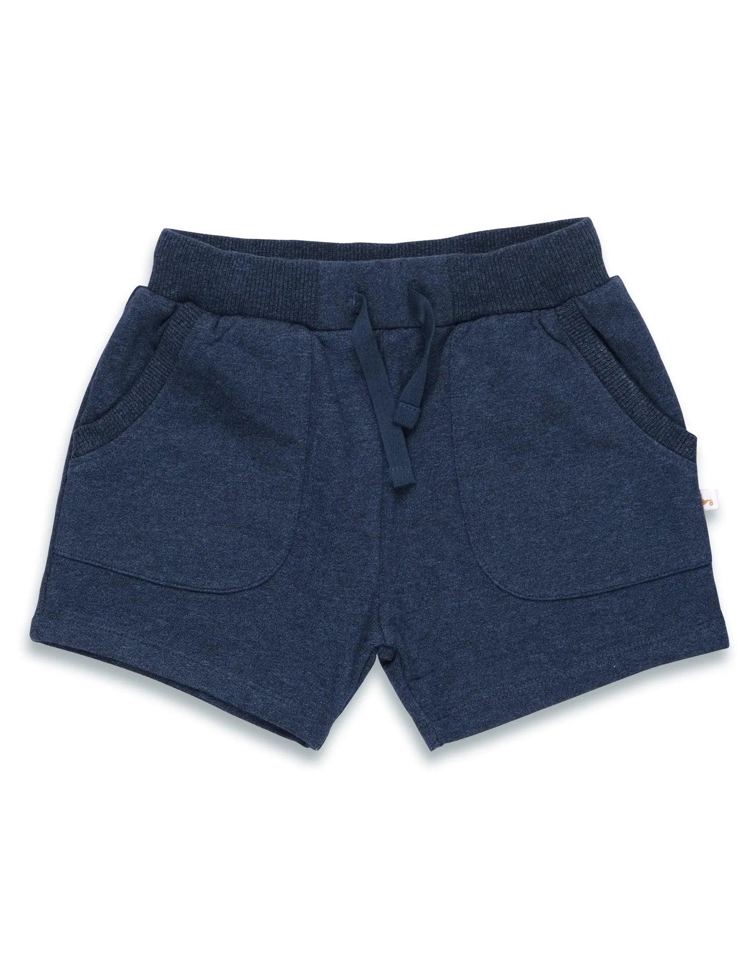 Navy organic cotton baby shorts with elastic waistband and front pockets