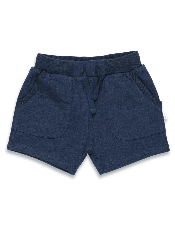 Comfortable navy blue organic cotton baby shorts with an elasticated waistband, drawstring, and front pockets. Perfect for playtime. Buy organic baby shorts India.