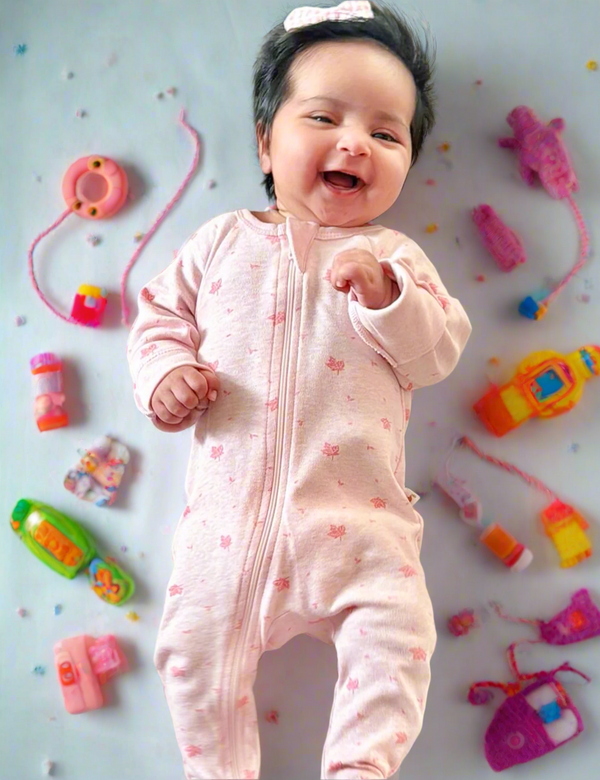 A cheerful baby, who appears to be of South Asian descent, lying on a light blue surface surrounded by toys, wearing pink organic cotton footed. Shop comfortable baby sleepwear India.