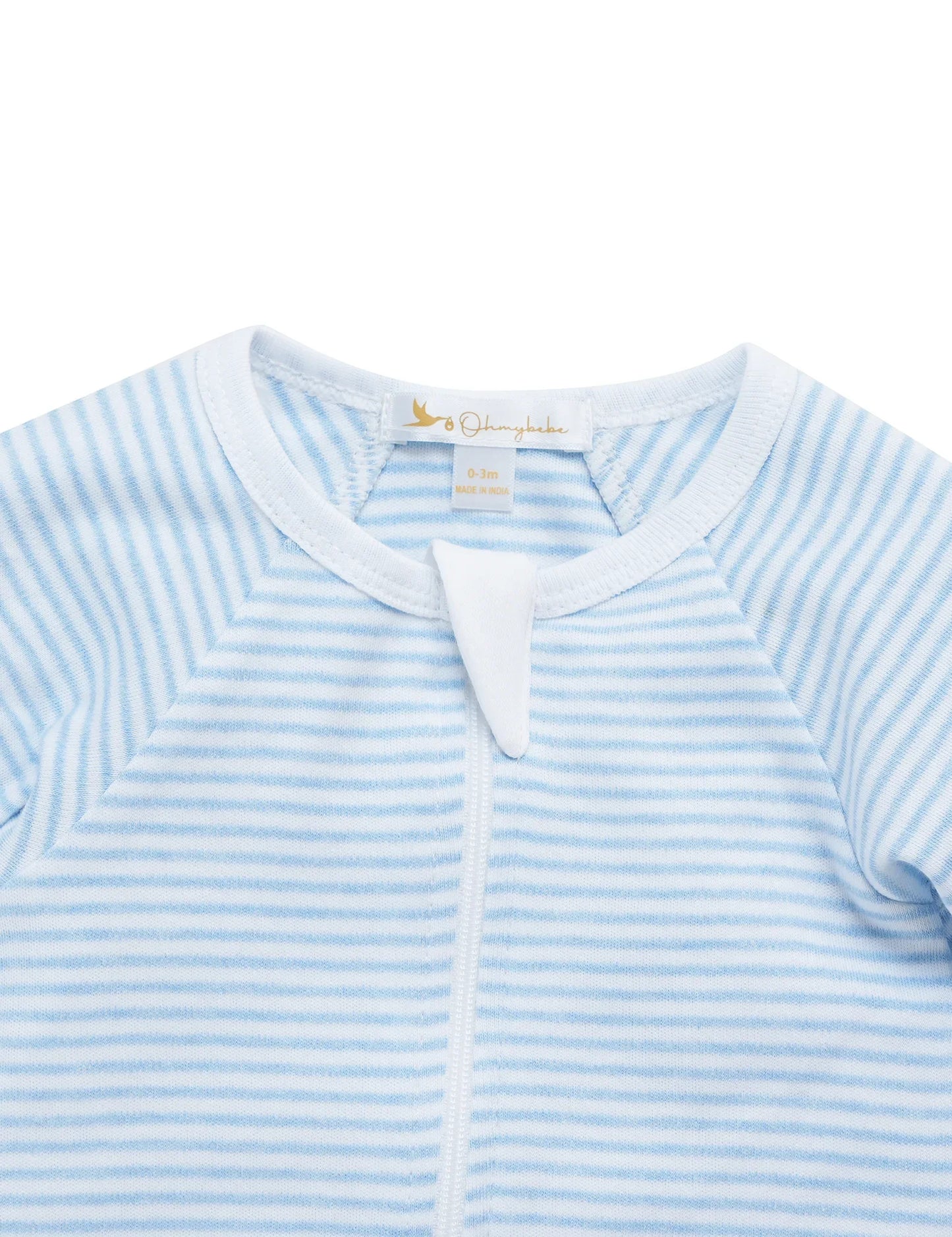 Blue and white striped organic cotton baby sleepsuit neck detail, 0-3 months size