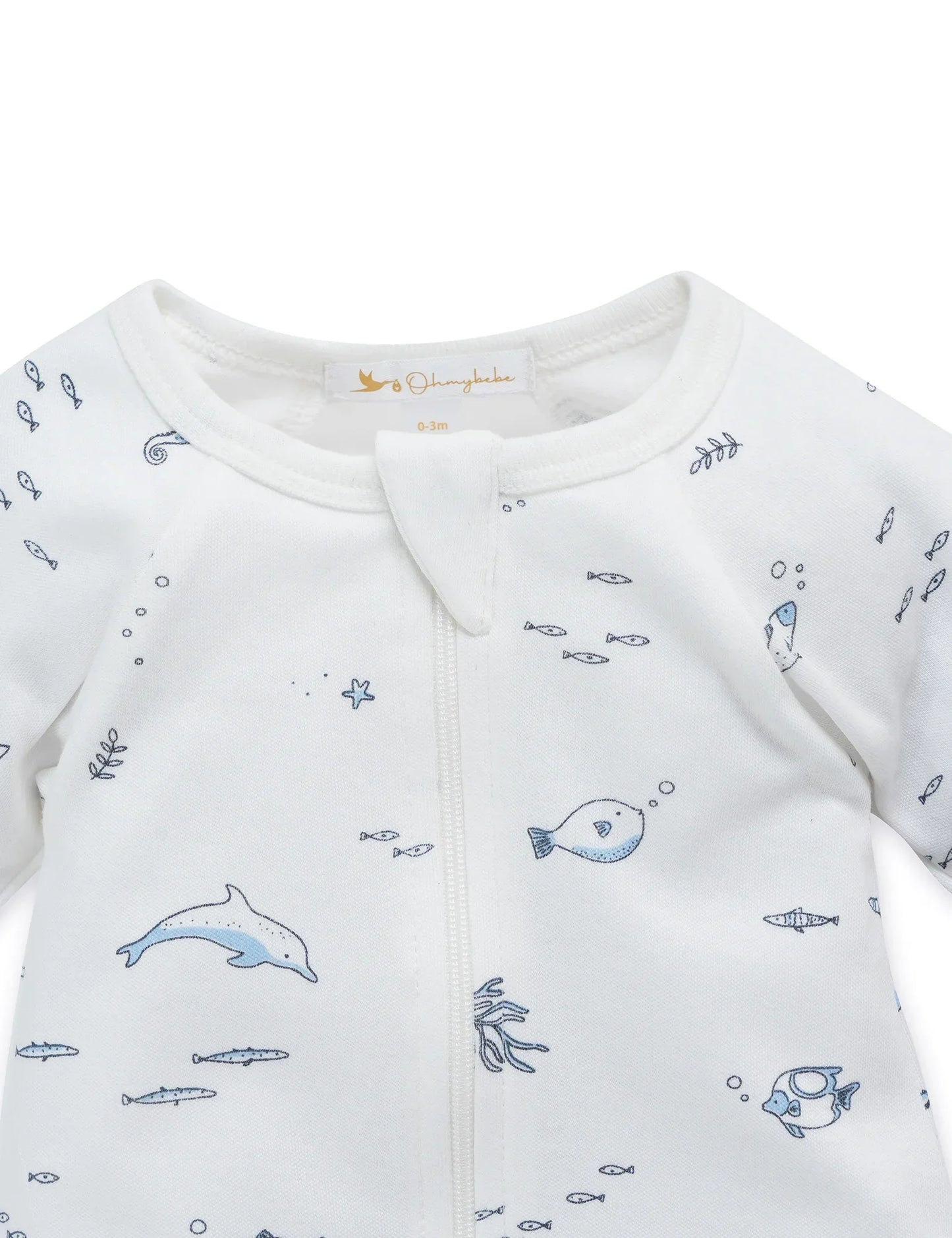 organic cotton baby sleepsuit with nautical blue sea animal prints and zipper front