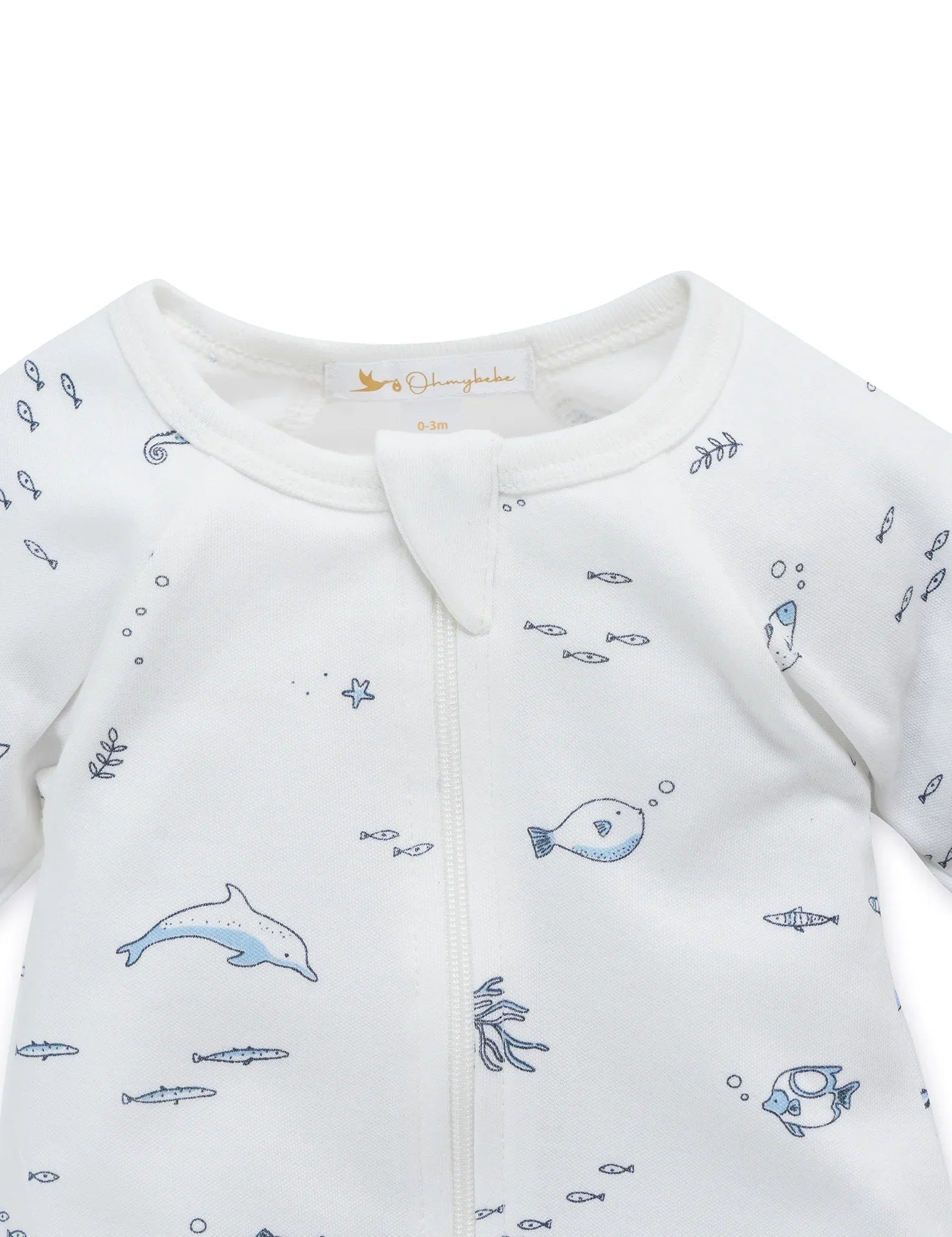 organic cotton baby sleepsuit with nautical blue sea animal prints and zipper front