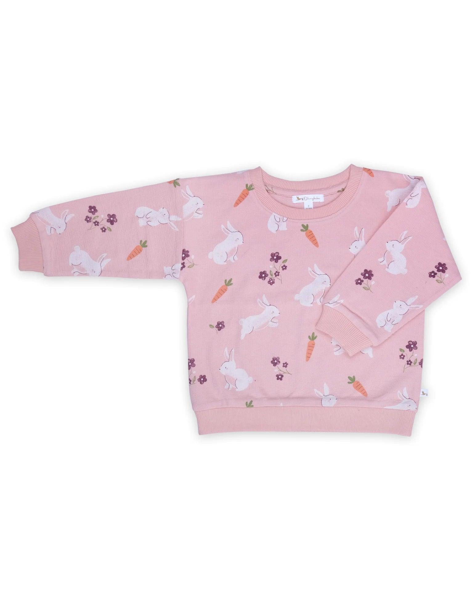 Pink organic cotton baby sweatshirt with white bunny, carrot, and purple flower prints