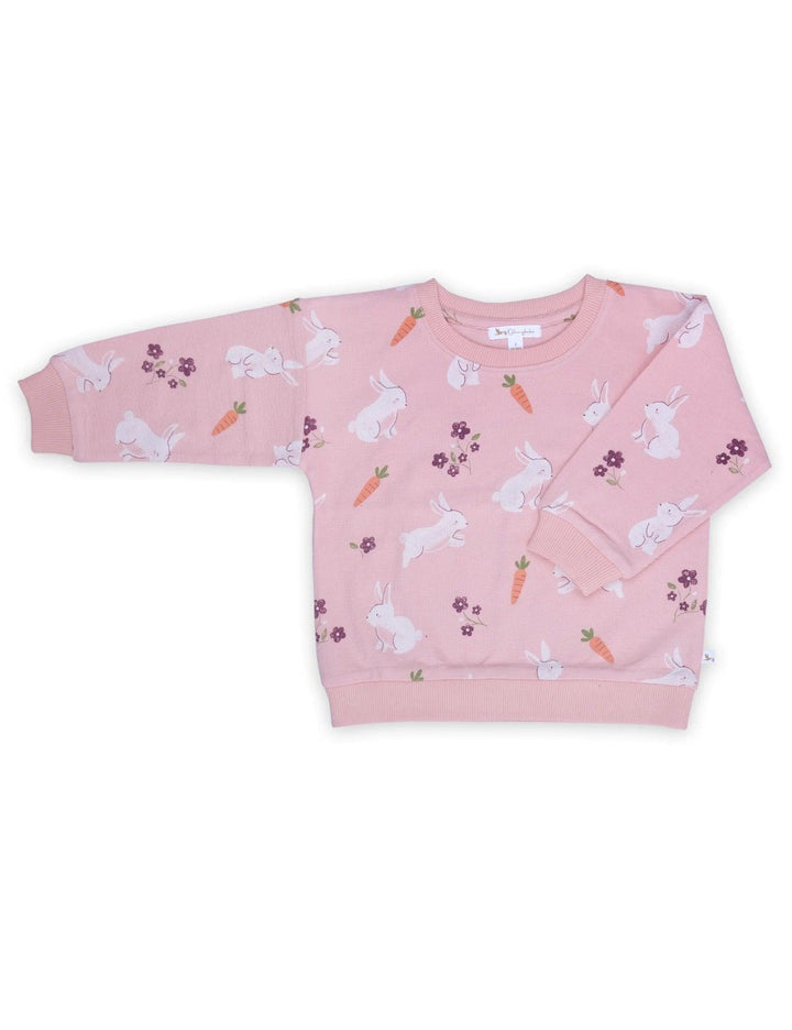 Cozy pink 100% organic cotton baby sweatshirt featuring a cute all-over print of bunnies, carrots, and flowers. Shop soft baby tops India.