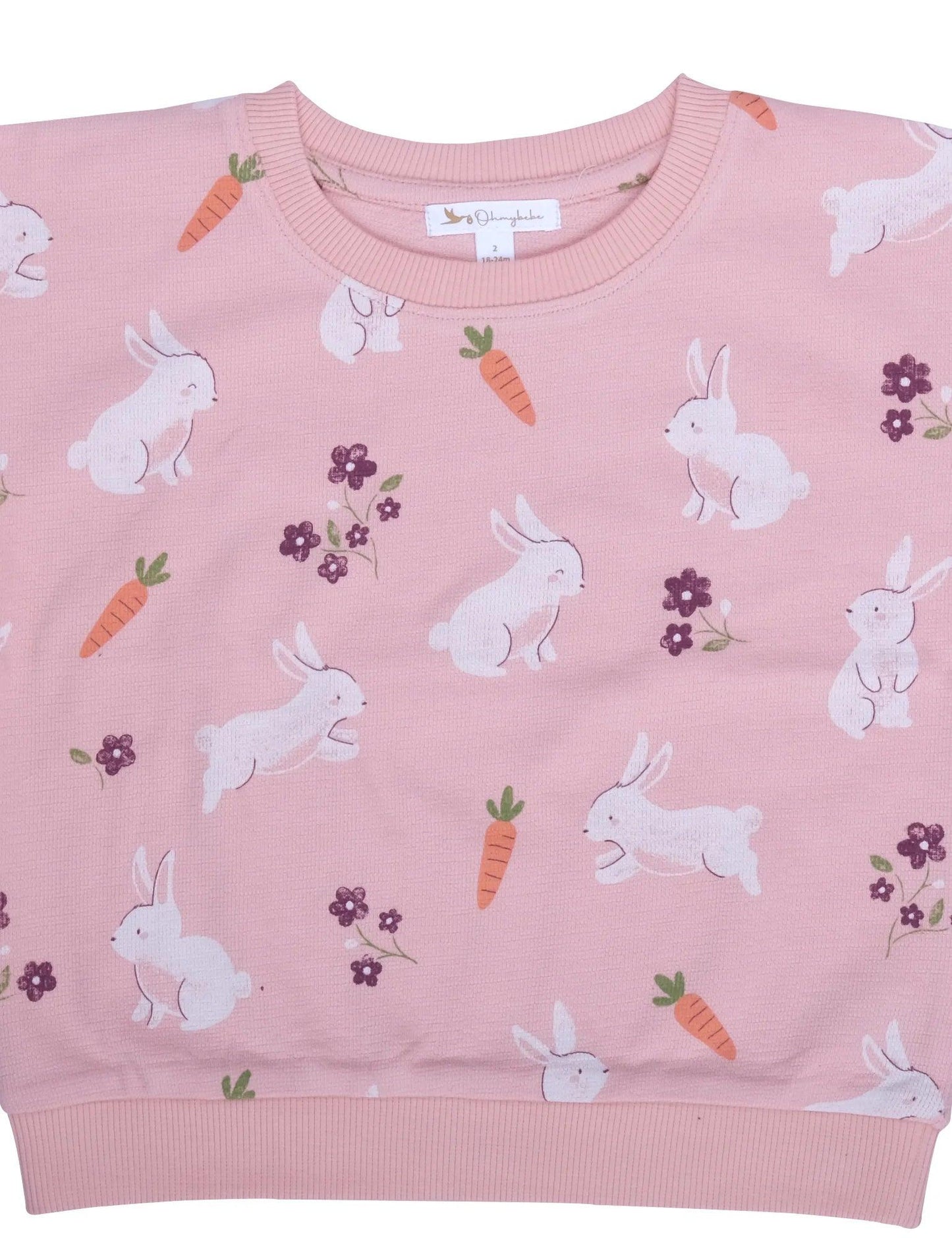 Pink organic cotton baby sweatshirt with white bunny and carrot print, purple flowers