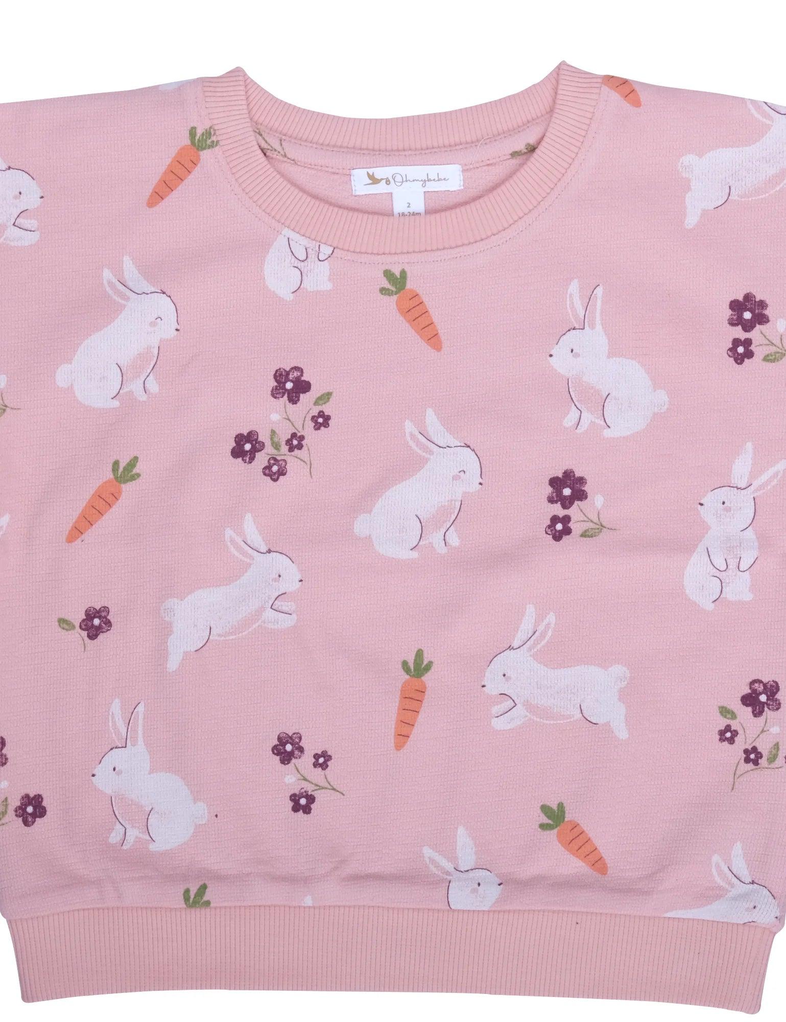Pink organic cotton baby sweatshirt with white bunny and carrot print, purple flowers