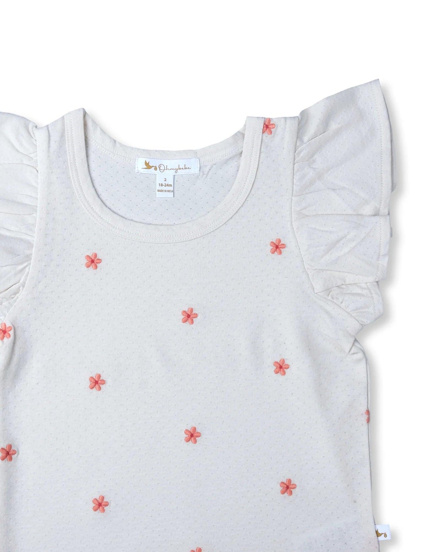 White organic cotton baby tee with pink floral embroidery and ruffled sleeves, size 18-24 months