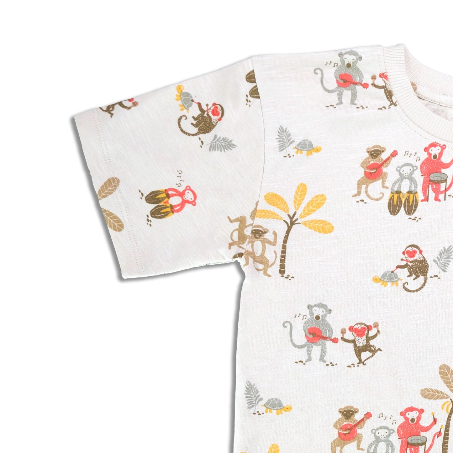 Organic cotton baby tee with cute cartoon monkeys playing instruments and turtles print