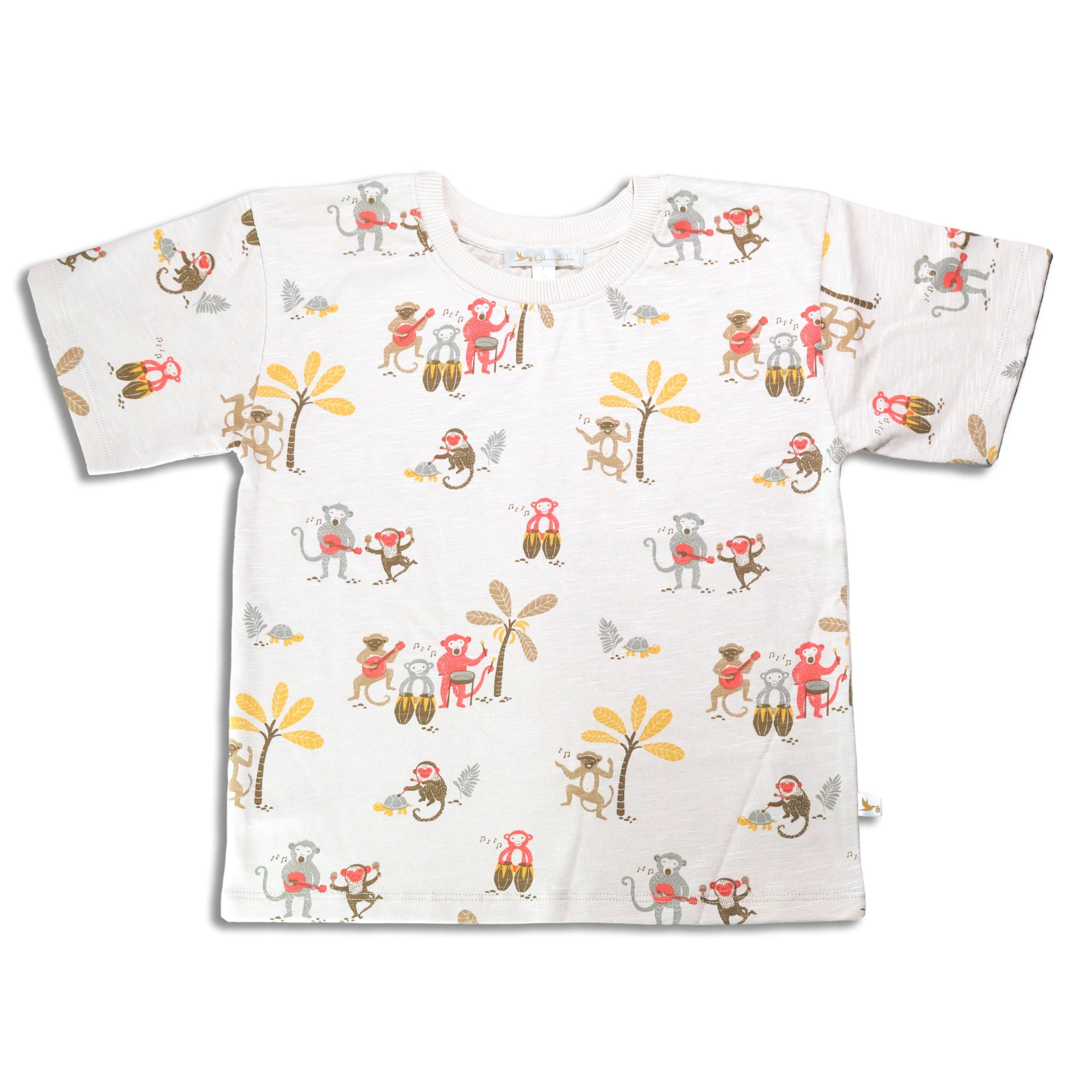 Organic cotton baby tee with playful monkey and tree print in muted red, yellow, and brown