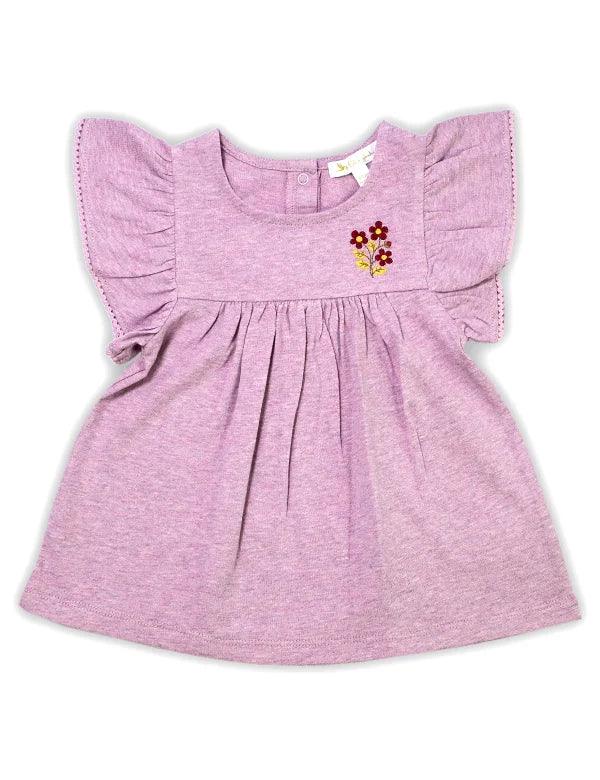 Lavender organic cotton baby top with flutter sleeves and small red floral embroidery