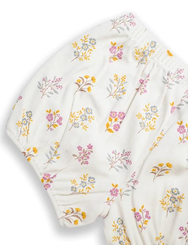 Organic cotton baby bloomers with elastic waist, featuring lavender, yellow, and pink floral print