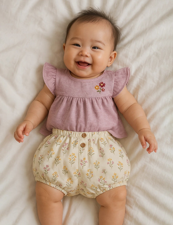 Adorable baby, who appears to be of South Asian descent, wearing a 100% organic cotton lavender top with floral shorts. Soft comfort for your little one. Shop India.