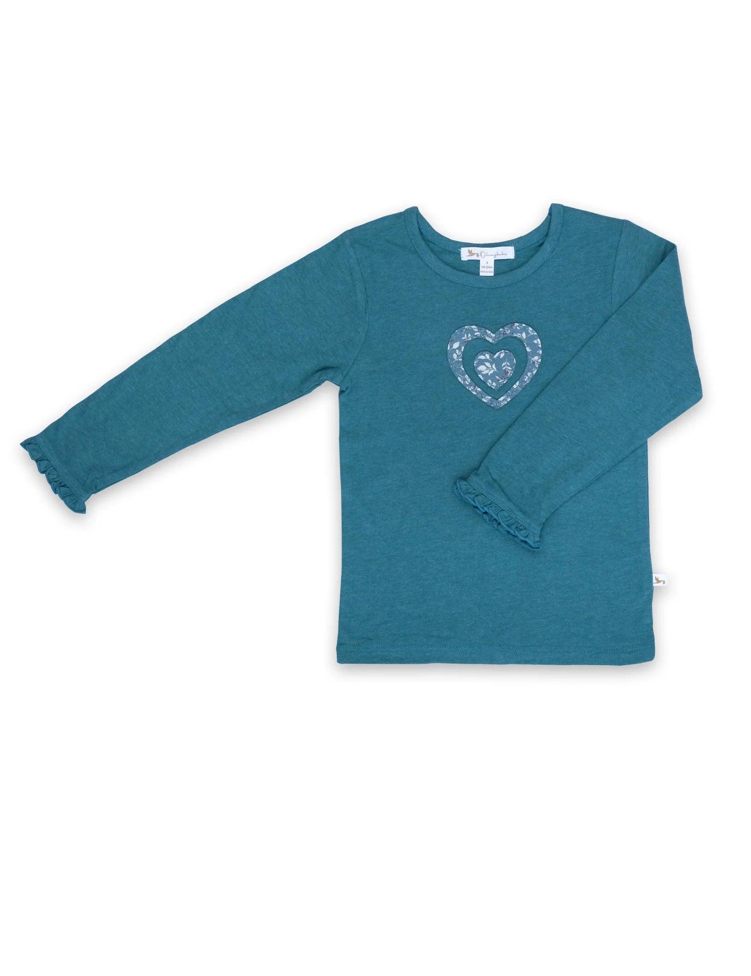 Organic cotton baby long sleeve top in teal with floral heart design and ruffle cuffs