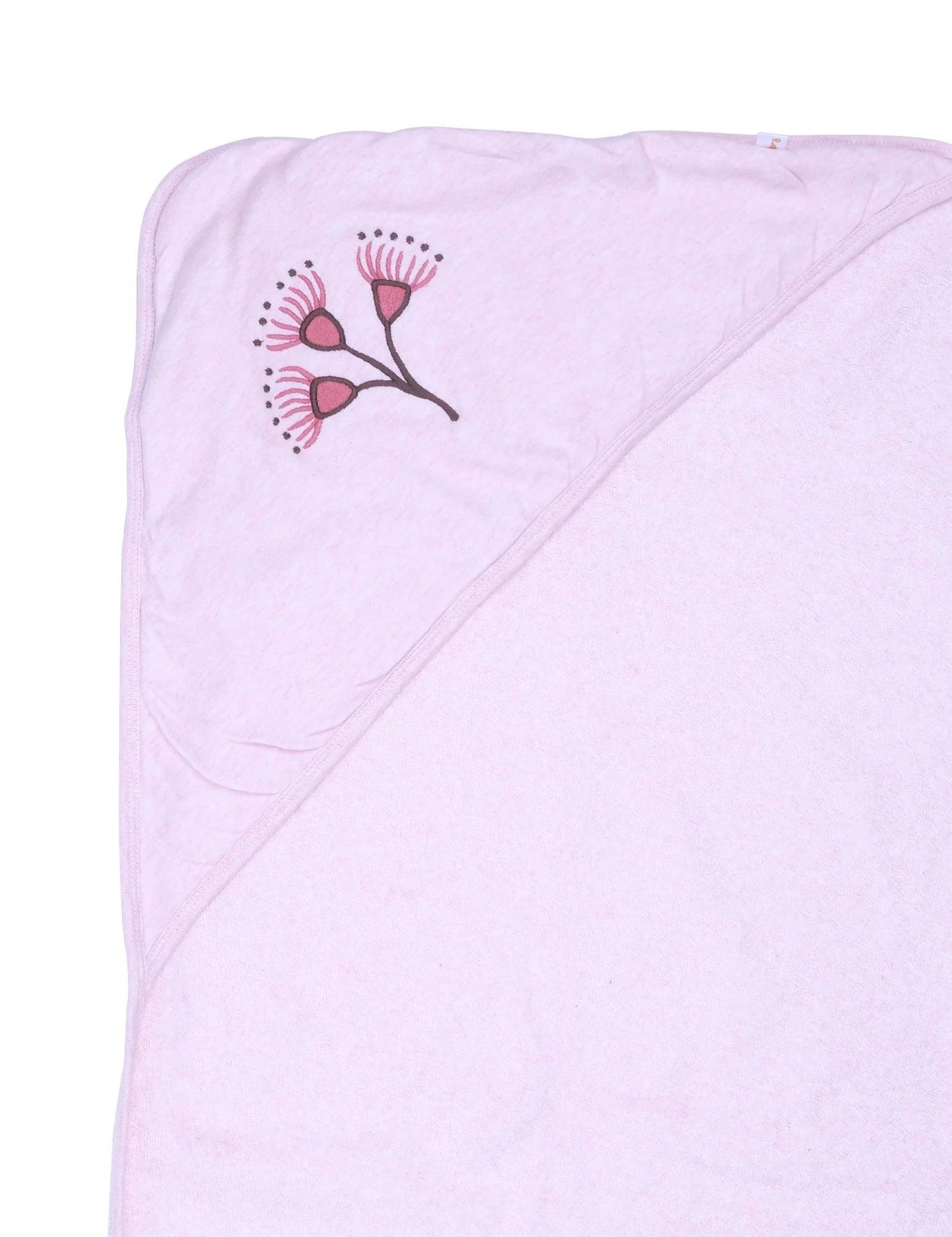Soft pink organic cotton baby towel with floral hood and delicate flower embroidery