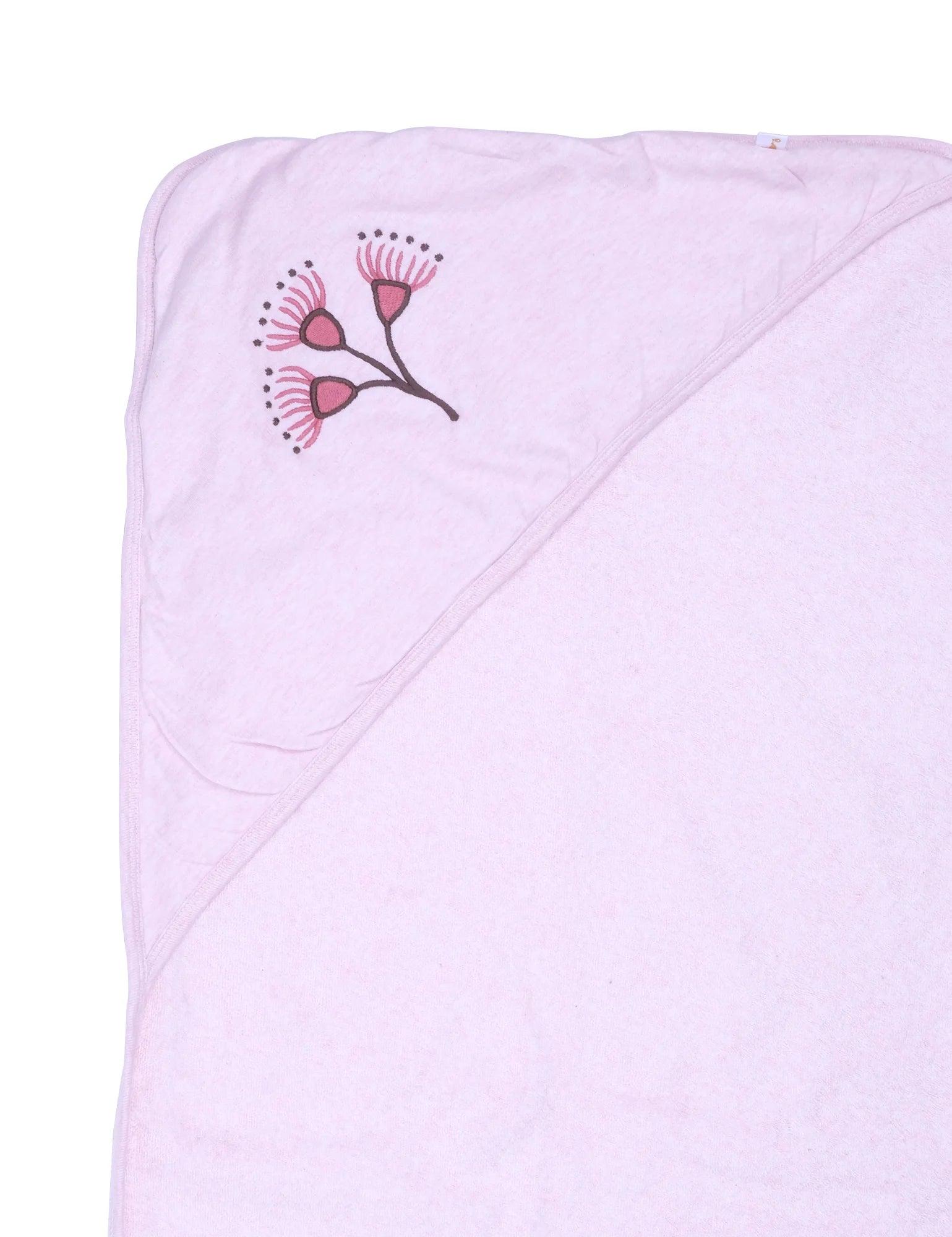 Soft pink organic cotton baby towel with floral hood and delicate flower embroidery