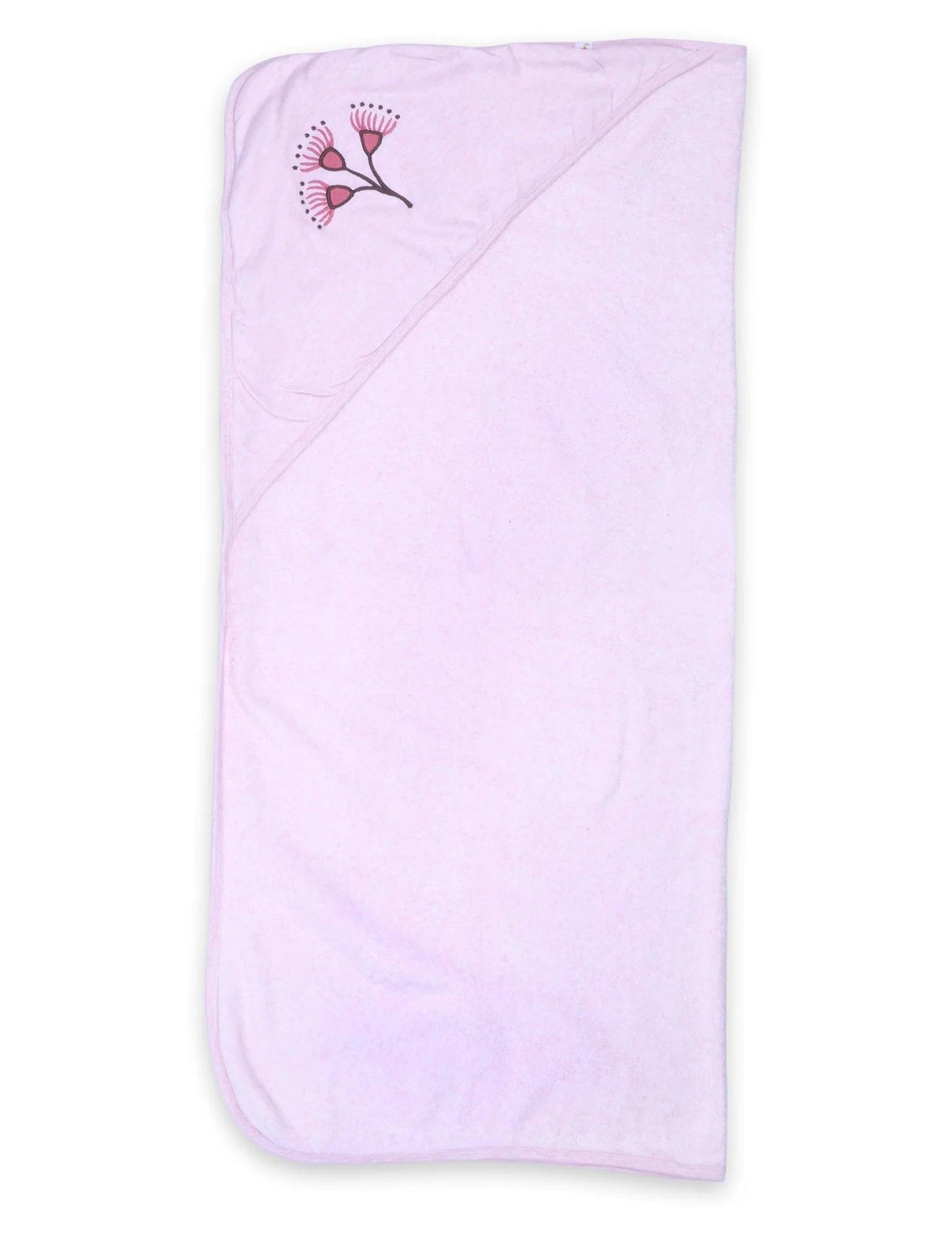 Light pink organic cotton baby towel with floral hood design folded flat on white background