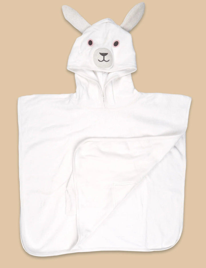 Plush white 100% organic cotton hooded baby towel with adorable bunny ear details on the hood and a cute embroidered face. Buy organic baby bath essentials India.