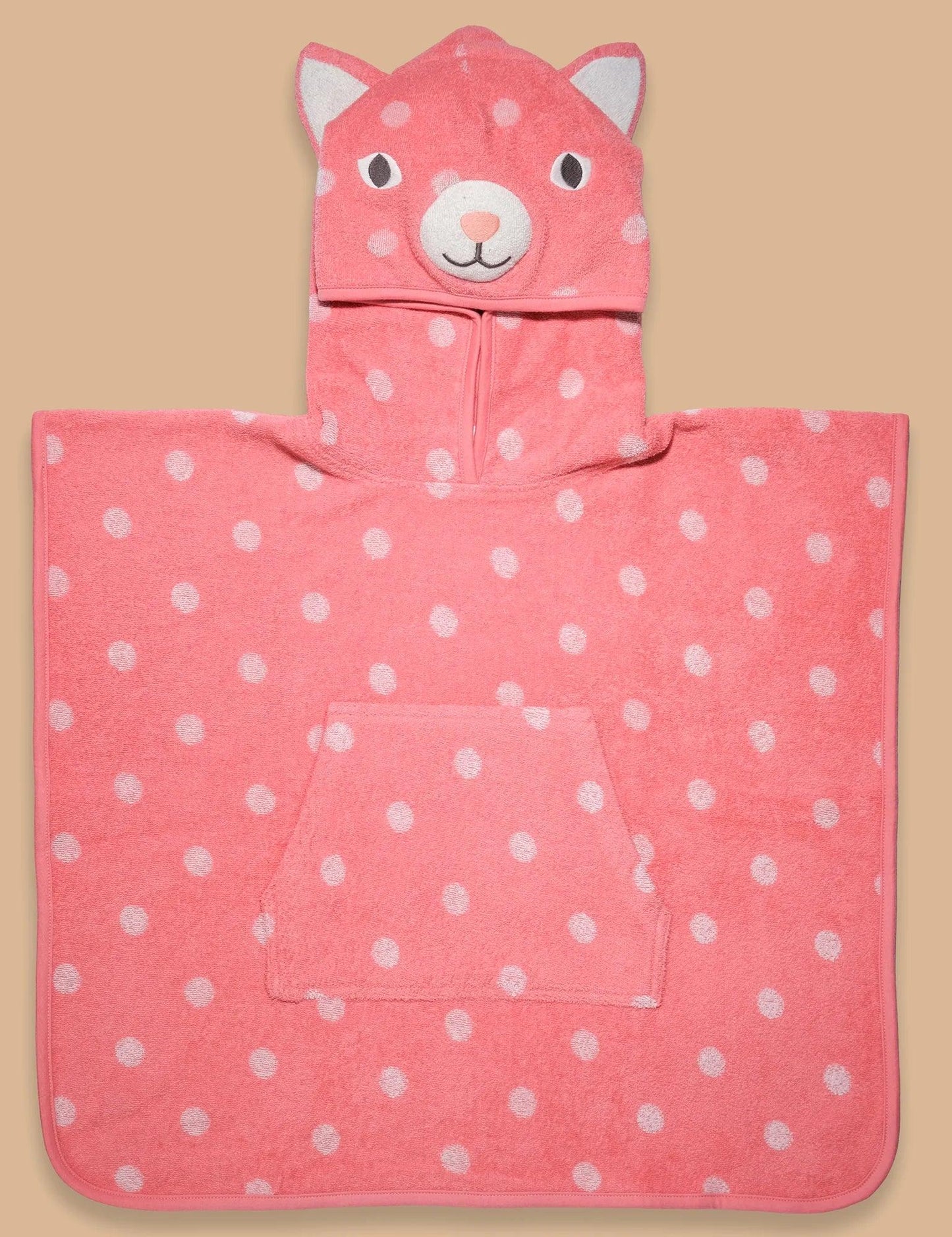 Pink organic cotton baby towel with hood featuring cat face and white polka dots