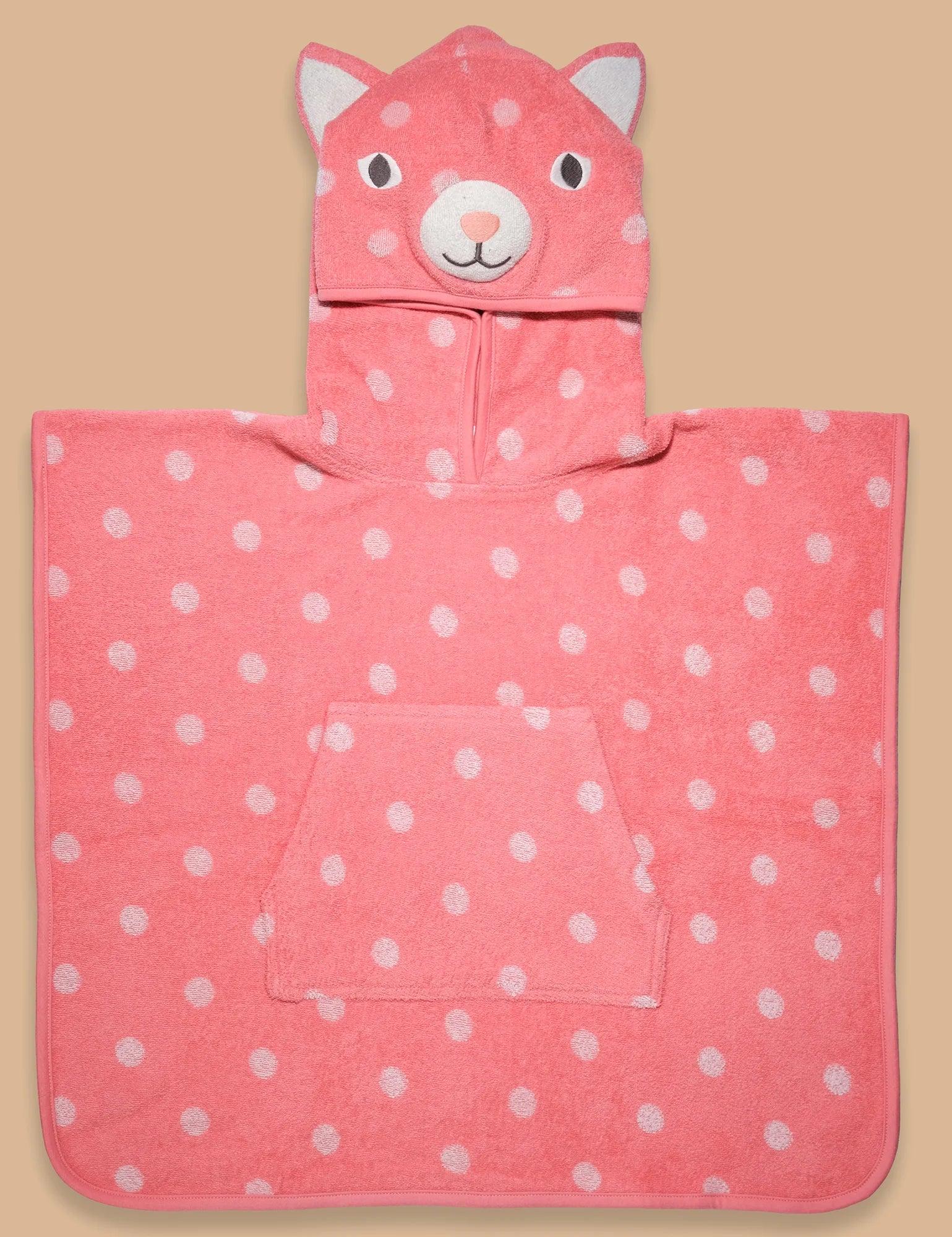 Pink organic cotton baby towel with hood featuring cat face and white polka dots