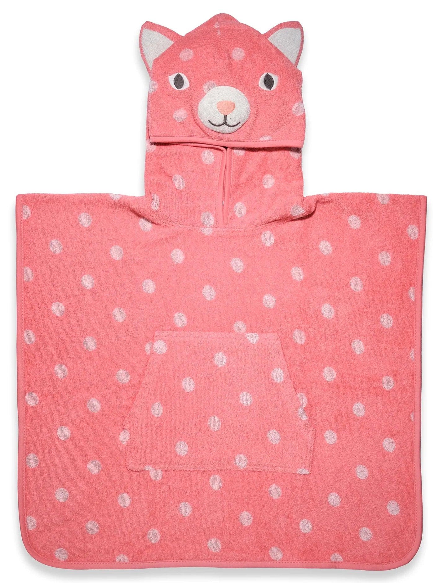 Pink hooded baby towel with white polka dots and cat face design on hood