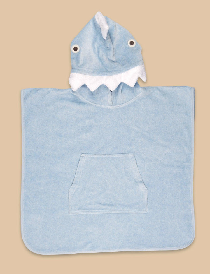 Soft light blue 100% organic cotton hooded baby towel with a playful shark fin, white teeth details, and embroidered eyes. Buy organic baby bath items India.
