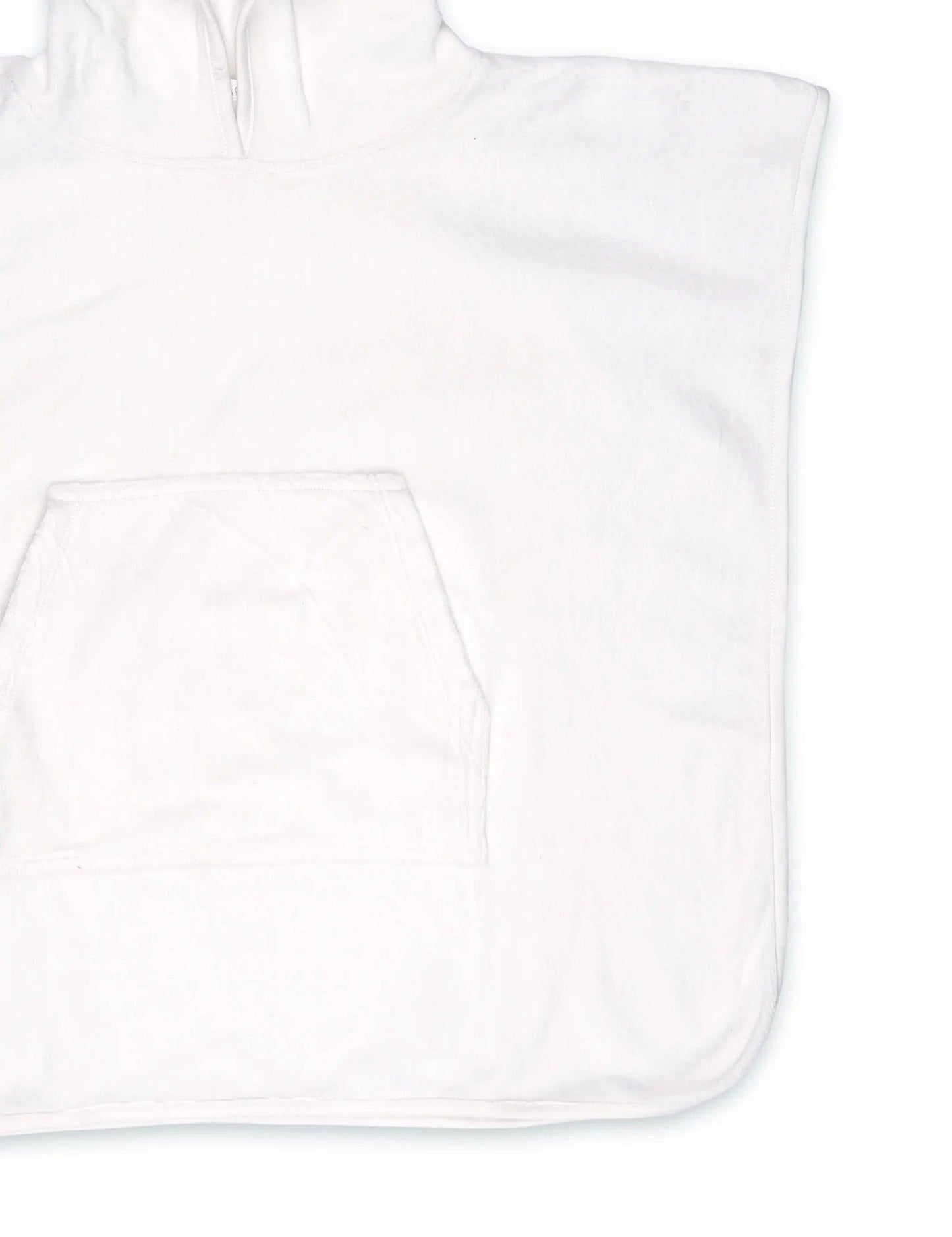 White organic cotton baby towel with hood and front pocket detail