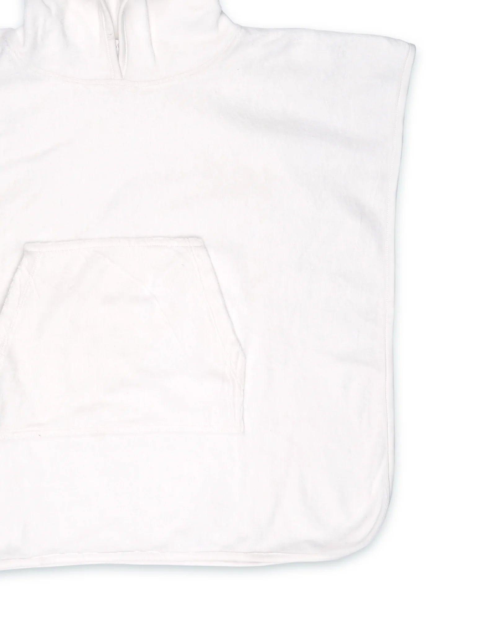 White organic cotton baby towel with hood and front pocket detail