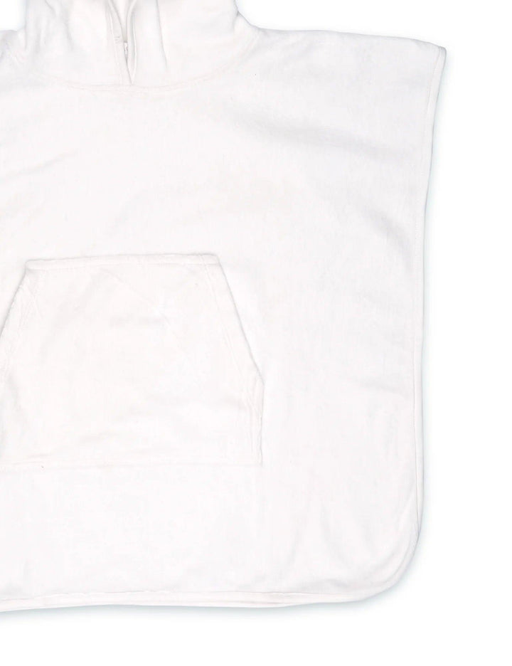  Detail of the soft white organic cotton baby hooded towel showing the convenient front pocket. Perfect for keeping little hands warm. See organic baby products India.