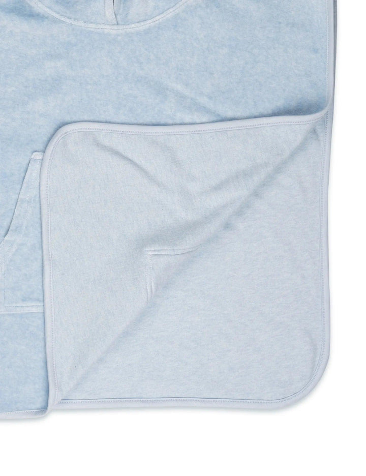 Open view of the light blue organic cotton baby hooded shark towel, showing its full size and softness. Shop comfortable baby towels online India.