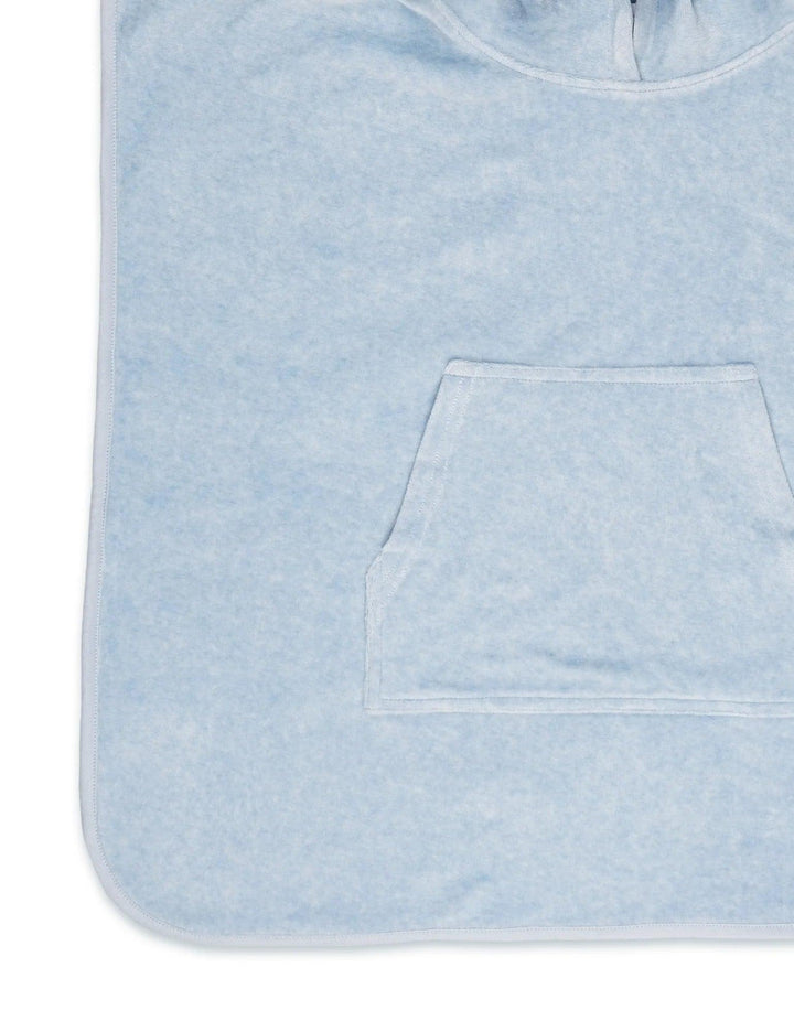 Detail of the soft light blue organic cotton baby hooded towel showing the convenient front pocket. Perfect for little hands. See organic baby products India.