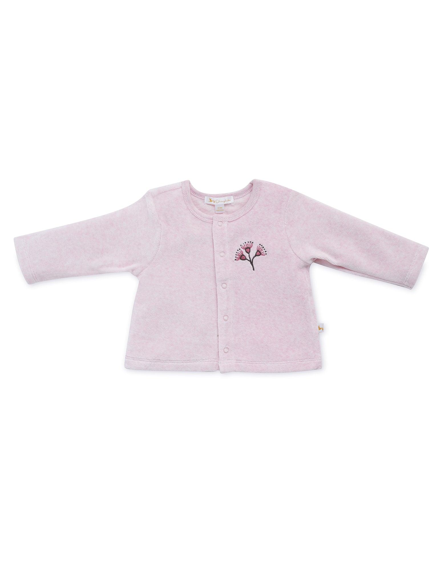 Soft pink organic cotton baby cardigan with long sleeves and floral embroidery