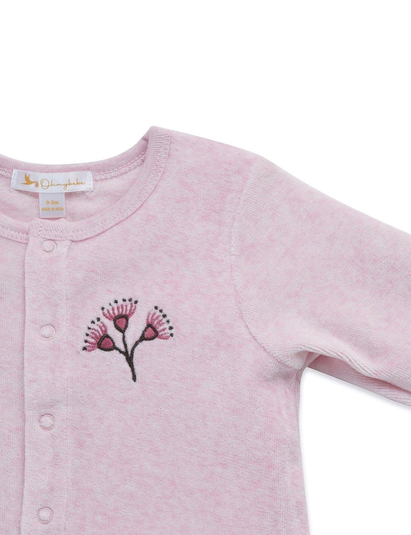 Soft pink baby cardigan with embroidered pink floral design and snap buttons