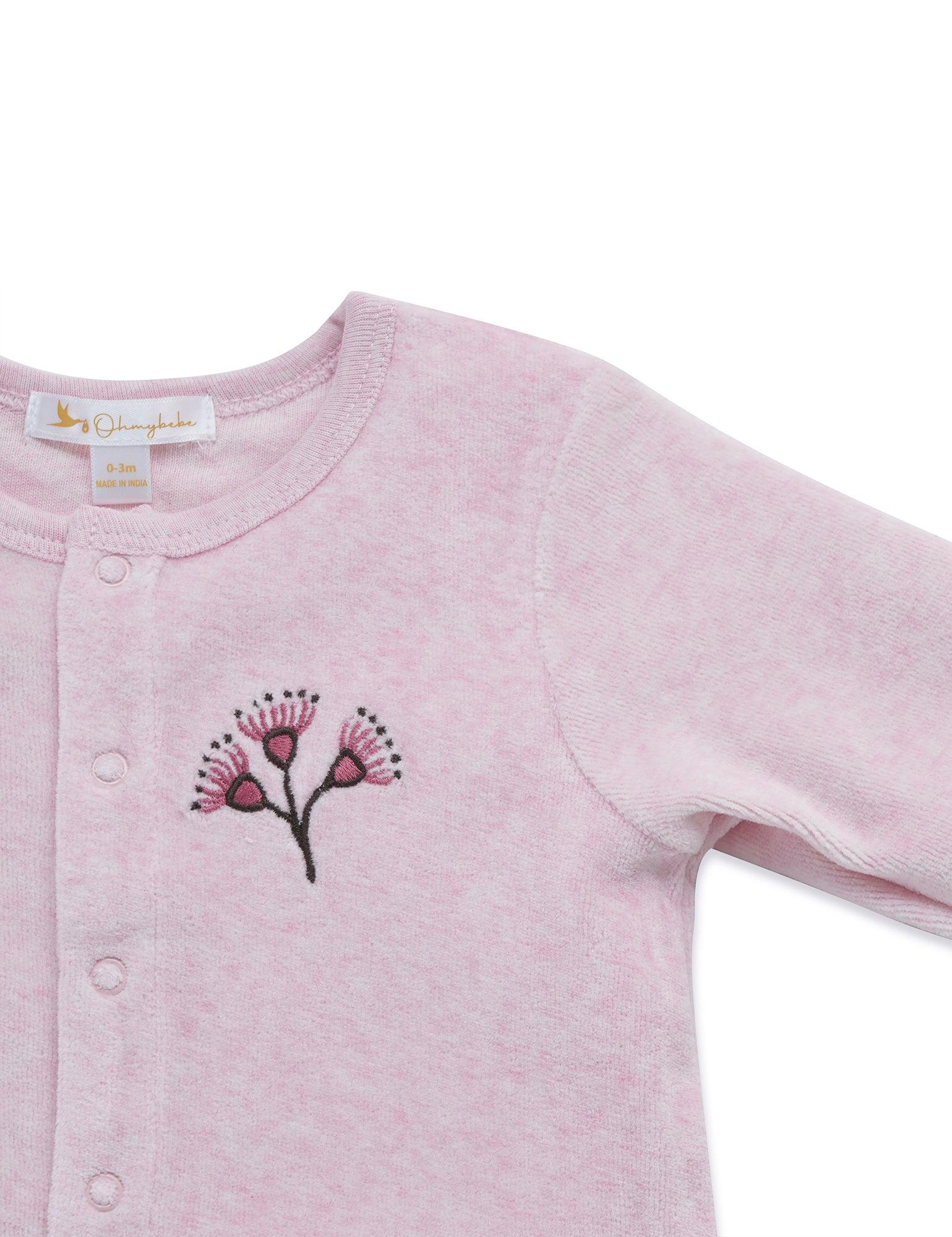 Soft pink baby cardigan with embroidered pink floral design and snap buttons