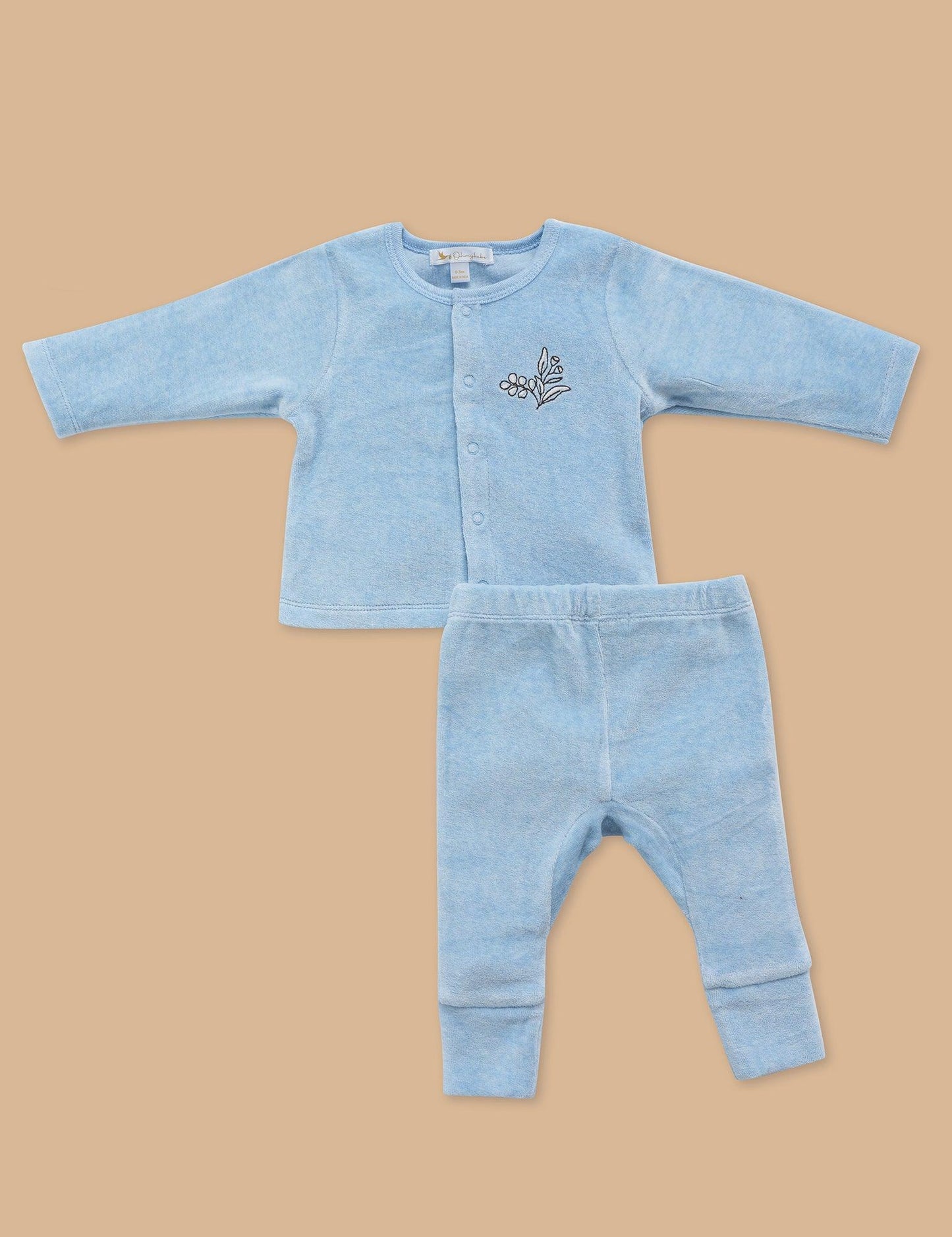 Baby blue organic cotton cardigan and pants set with embroidered olive branch on front
