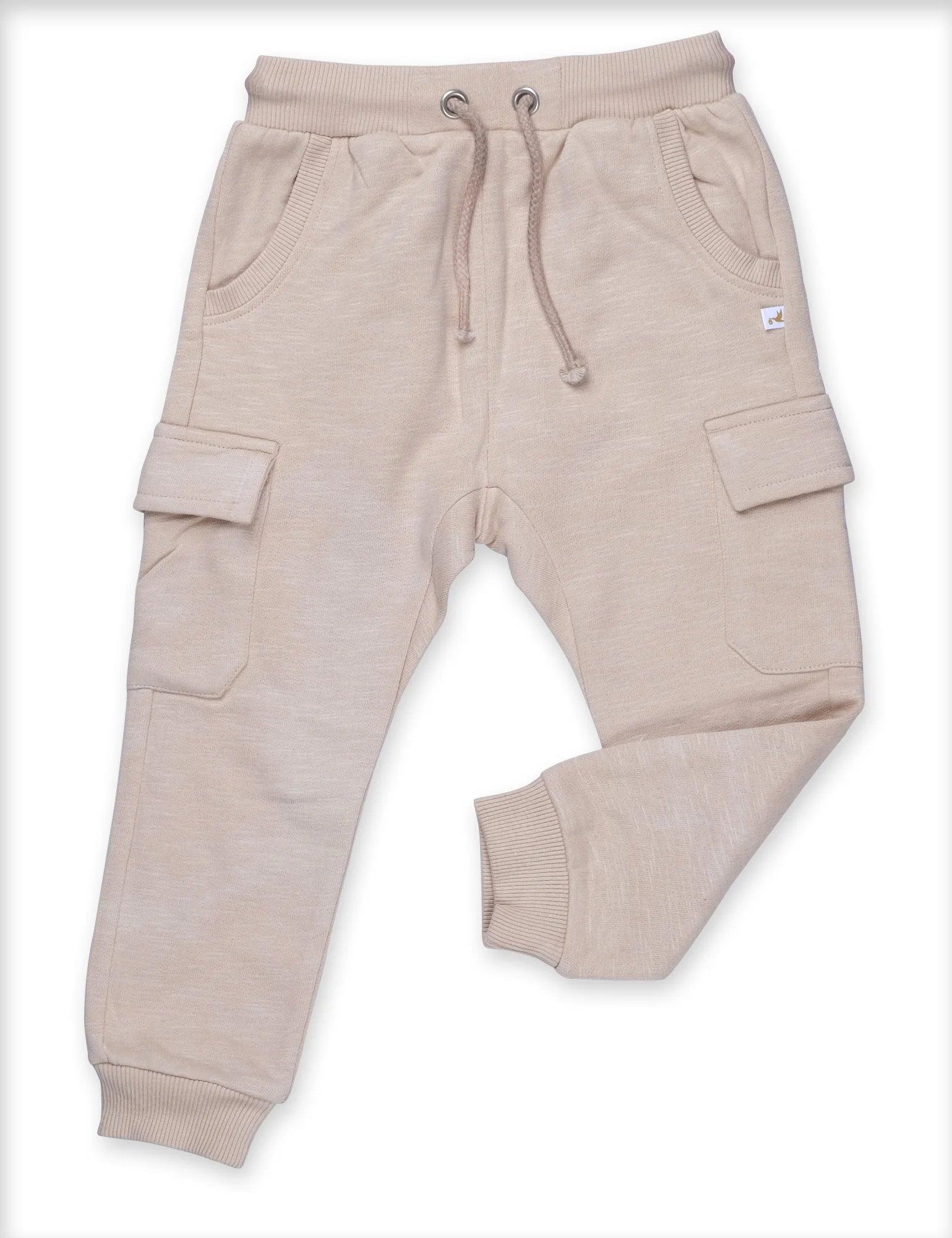 Beige organic cotton cargo pants with drawstring waist and cuffed ankles