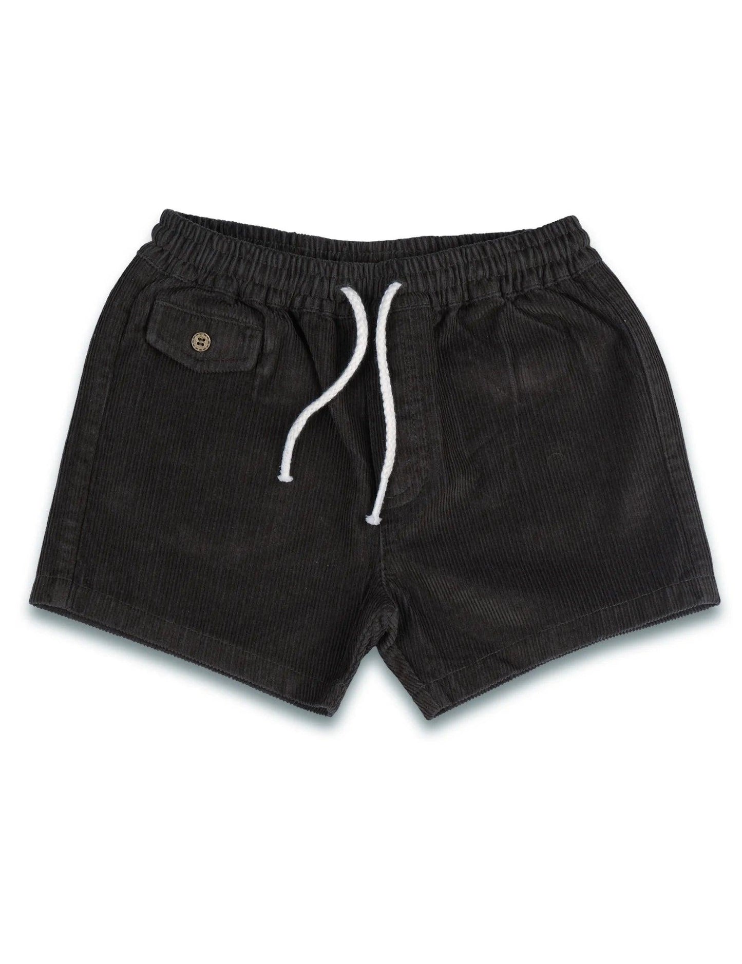 Black corduroy shorts with elastic waistband, white drawstring, and buttoned side pocket