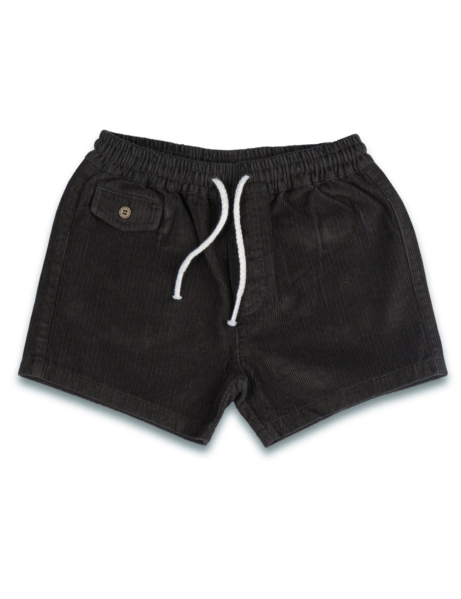 Black corduroy shorts with elastic waistband, white drawstring, and buttoned side pocket