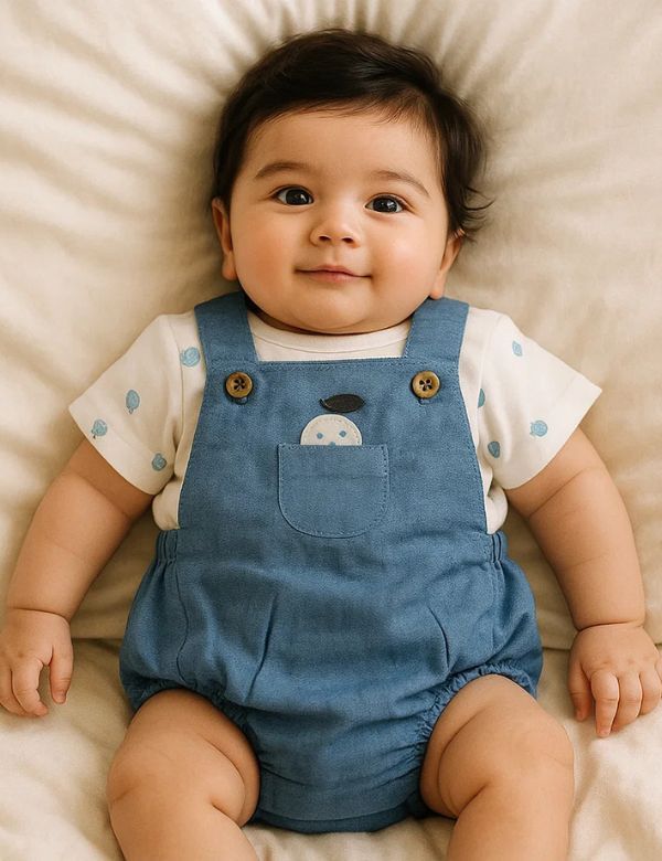 Cute baby wearing blue romper and white printed shirt lying on a beige blanket