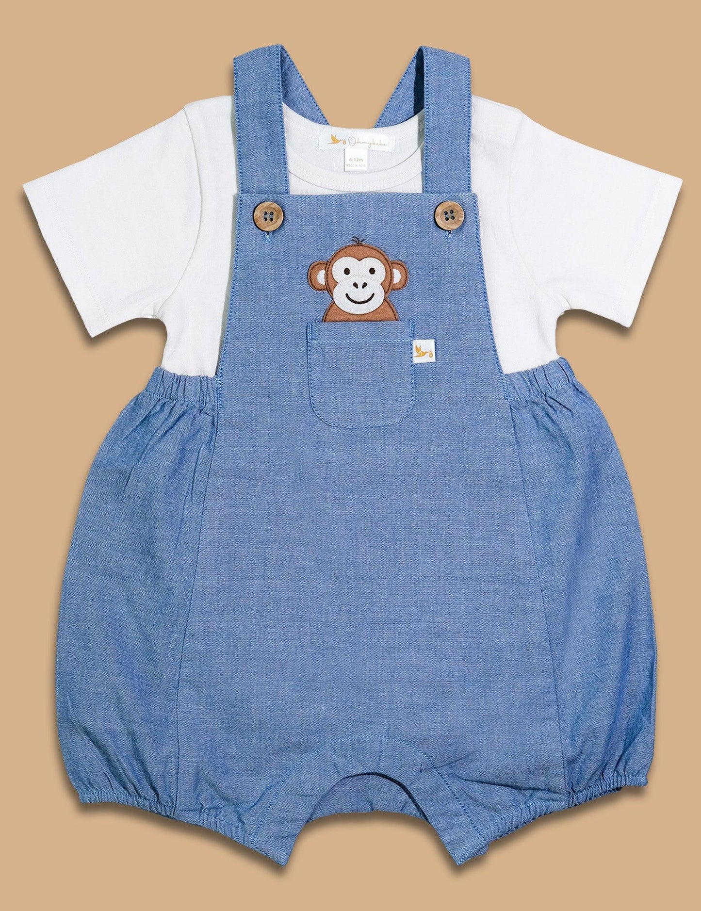 Organic cotton baby dungaree set with white t-shirt and embroidered monkey on blue romper