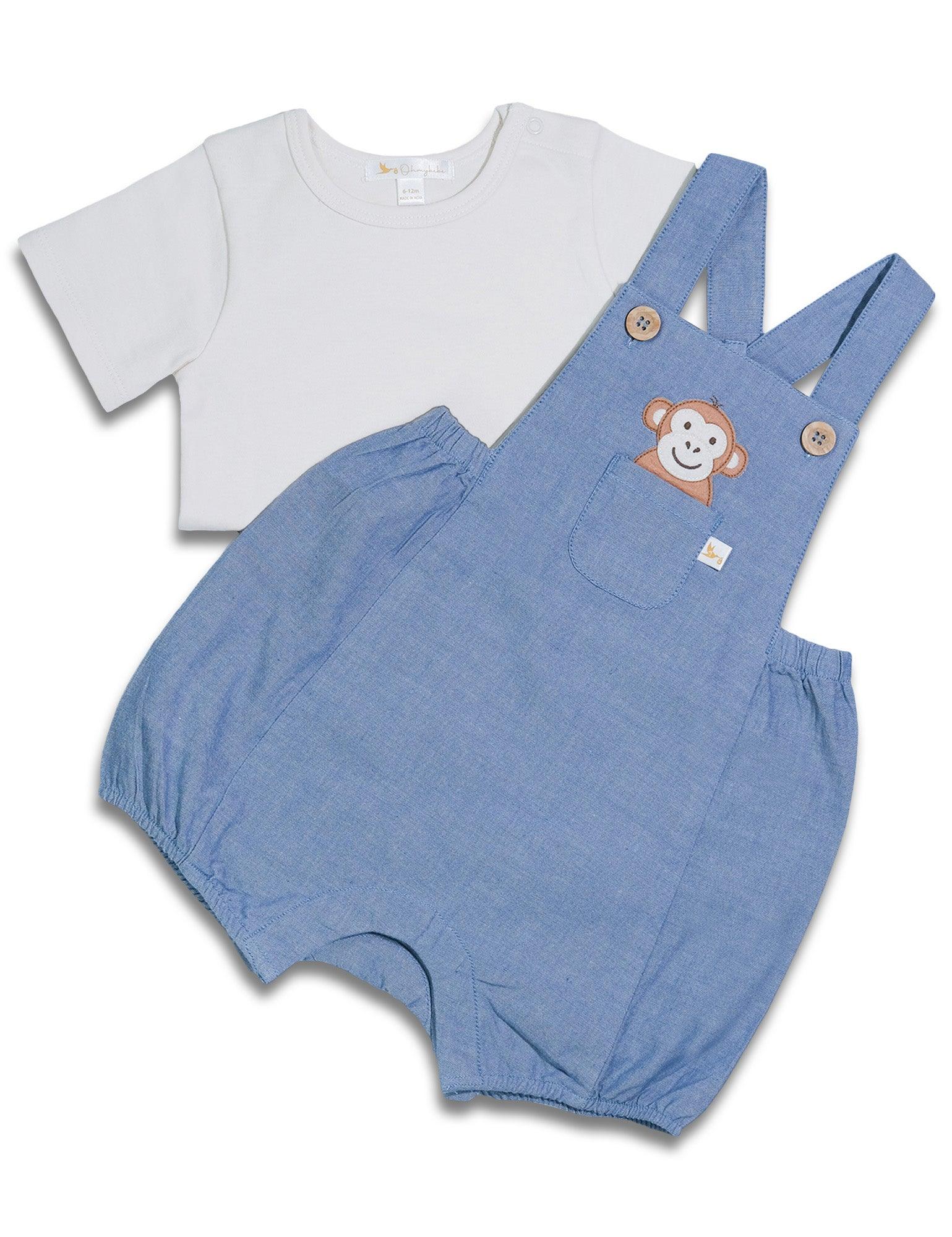 Baby blue organic cotton dungaree set with monkey patch and white short sleeve shirt